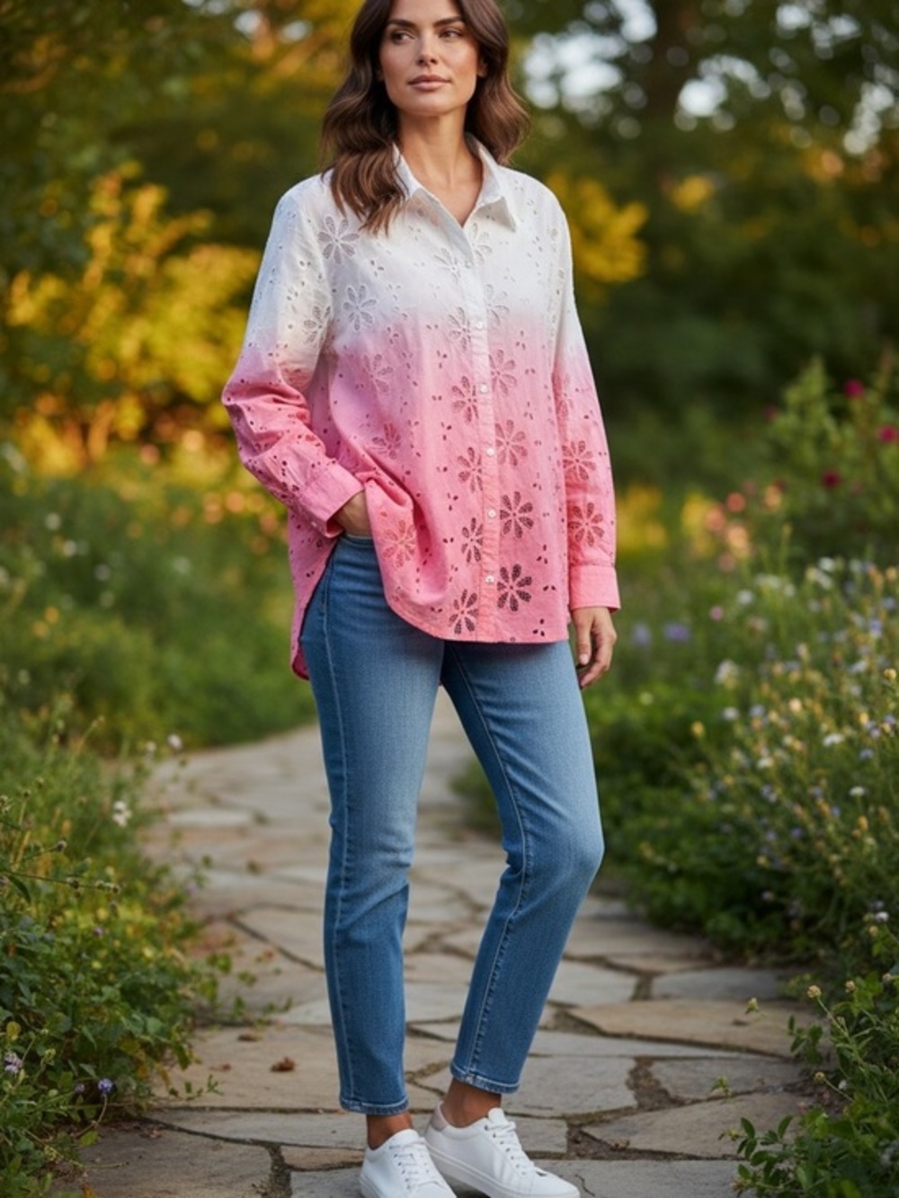 Surf Gypsy Sunset Coral Ombre Eyelet Button Front Shirt NWT Size Medium